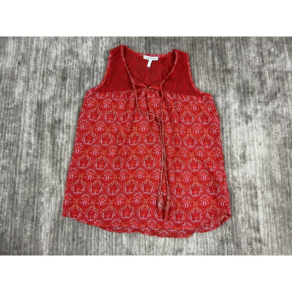 Claudia Richard Tank Top Womens S Red Medallion Print Lace Yoke Boho Tassel Tie